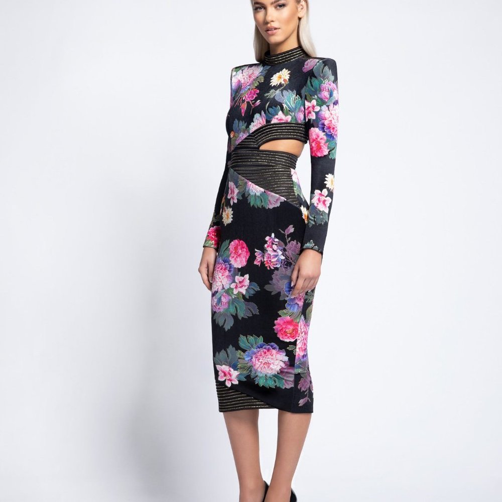 Zhivago Message to Love Cutout Floral Velvet Midi Dress